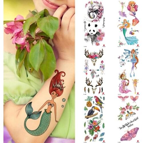 3D Temporary waterproof tattoo sticker mermaid Cute cartoon tattoo stickers flower bird panda feather Fake tattoo girl women