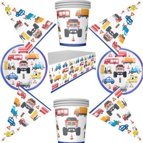 61pcs/lot Birthday Party Engineering Vehicle Theme Plates Kids Favors Cups Tablecloth Baby Shower Decorate Towel Banner