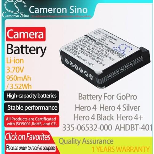CameronSino Battery for GoPro Hero 4 Hero 4 Silver Hero 4 Black Hero 4+ fits GoPro 335-06532-000 AHDBT-401 camera battery 3.80V