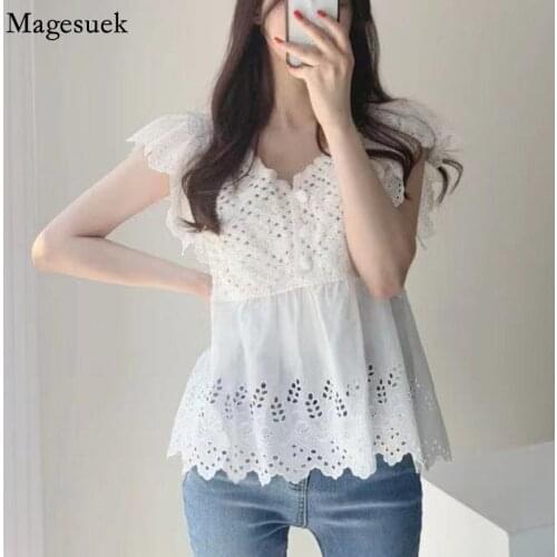 Korean Flower Crochet Stitching Blouse Women V-neck Hollow Out Loose Sweet Tops Summer Short Sleeve White Shirt New Blusas 15760