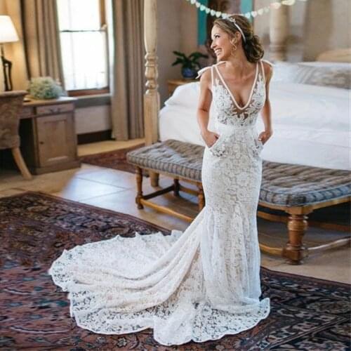Bohemia Backless Lace Pockets Mermaid Ivory Wedding Dress Court Train Beach Garden Bridal Gowns with Pocket