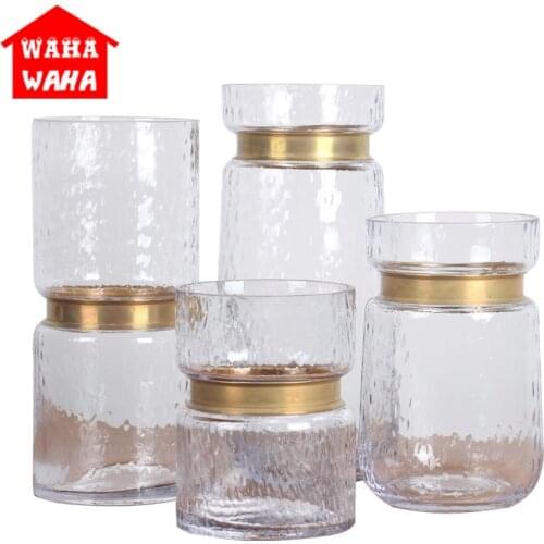 European Copper Circle Transparent Glass Vase Artificial Blown Metal Ring Flower Bottle Dried Flowers Home Furnishings Decor