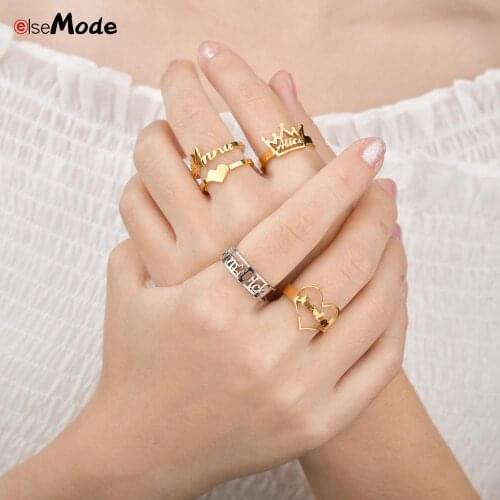 ELSEMODE Personlized Adjustable Stainless Steel Customized Gold Ring Letter Heart Ring For Men Women