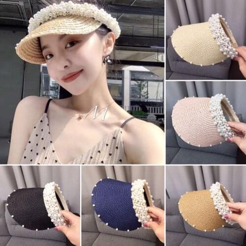 Summer womens Visor cap handmade pearl empty top hat female shade sunscreen beach sun hat