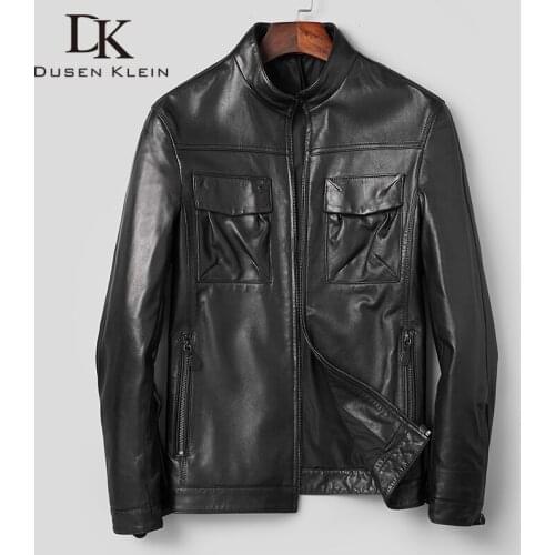 DK Mandarin Collar Casual Real Sheepskin Leather Coat Men Spring Top Quality Black Genuine Leather Jackets