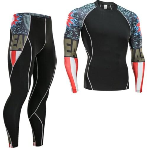 2019 Men Crossfit3D compression fitness suit MMA fitness Running shirt Quick-drying suit T-Shirts Tights clothes 2pcs / set