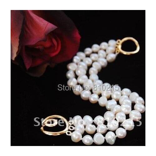 Charming! AA7-8MM Potato Freshwater White Color Pearl Three Layers Toggle Bracelet 7inch Fashion Jewelry Hot Sale Free Shipping