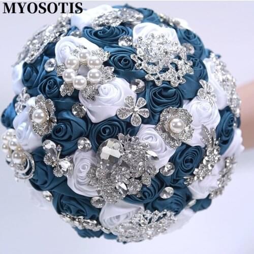 Luxury Rhinestones Beaded Wedding Bouquets Handmade Dark Green White Satin Roses Flowers Bridesmaid Hand Bouquet Accessories