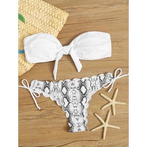 Sexy Bikini 2021 Woman Front Tie Strapless Leopard Swimsuit Female Off Shoulder Push Up Ruffled Bow Bathing Suit Thong Swimwear