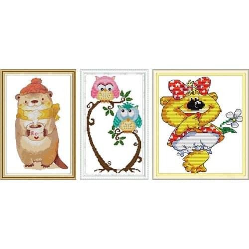 Little Bear Sister Cross Stitch Patterns 14CT 11CT Count Printed Fabric DIY Owl Cross Stitch Sets for Embroidery Kits Needlework