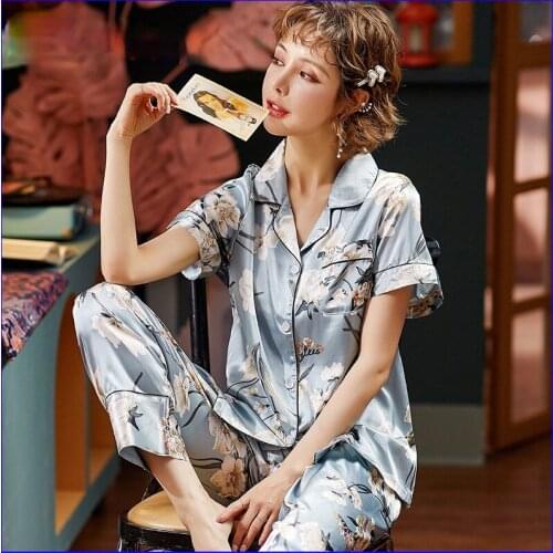 Silk Pajama Sets for Women Summer Night Suit Satin Sleepwear Female Fashion Homewear Short Sleeve Nightwear V-Neck Home Clothing