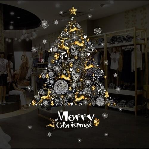 Snowflake Christmas Golden Elk Tree Self-adhesive Wall Sticker Window Glass Christmas Day Decoration Sticker