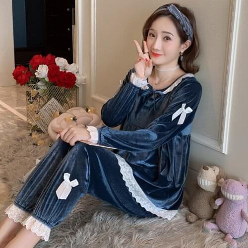 2 Pieces Warm Winter Womens Pajamas Set Flannel Thicken Pajamas Set Cute Lace Long Sleeve Pyjama Femme Home Clothes Nightwear
