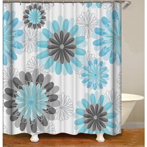 Plant Shower Curtain Blue Gray Chrysanthemum Pattern Bath Accessories with 12 Hooks Waterproof Polyester Fabric Bathroom Decor