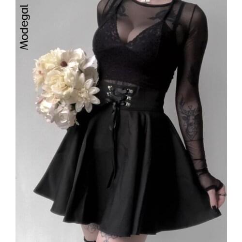 Modegal Womens Gothic Lace Up Pleated Mini Skirt High Waist Black Skater Skirt Punk Casual Streetwear Solid Color Short Skirts