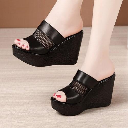 Plus Size 32-43 High Heels Slippers Women Wedding Shoes Summer 2021 Cutout Platform Wedges Slides Ladies Slippers for Office