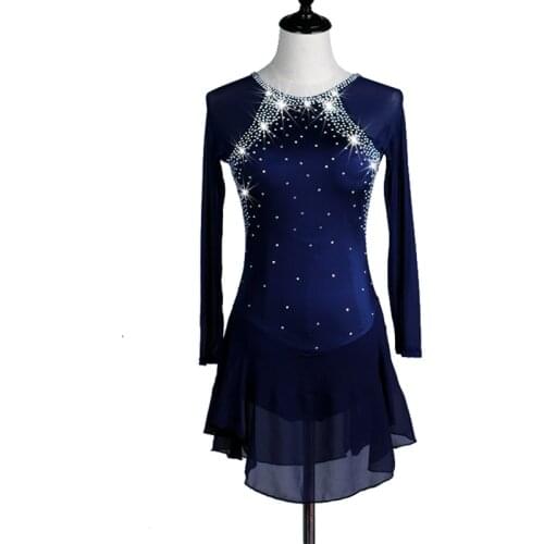 New Modern Ice Skating Dance Costumes For Women Long Sleeve Elegant Diamond Dark Blue/Royal Blue/Red Performance Dress DQL3302