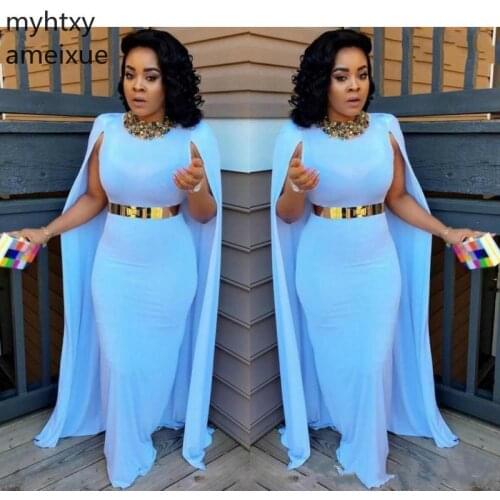 2021 Light Blue Plus Size Cape Style Long Evening Dresses mermaid Floor Length Gowns Aso Ebi South African Women Robe De Soiree