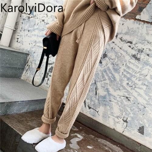 Winter Thicken Women Harem Pants Casual Drawstring Twisted Knitted Pants Femme Chic Warm Female Sweater Trousers 2020 Winter