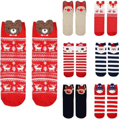 1Pair Merry Christmas Sock Cute Cartoon Christmas Elk Stripe Winter Warm Stocking For Woman New Year 2021 Xmas Gift Noel Navidad