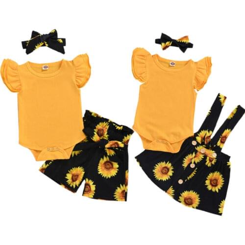 3PCS Baby Girls Fly Sleeve Ruffles Romper Tops+Sunflower Shorts/Skirt Headband Cute Baby Girl Clothes Set