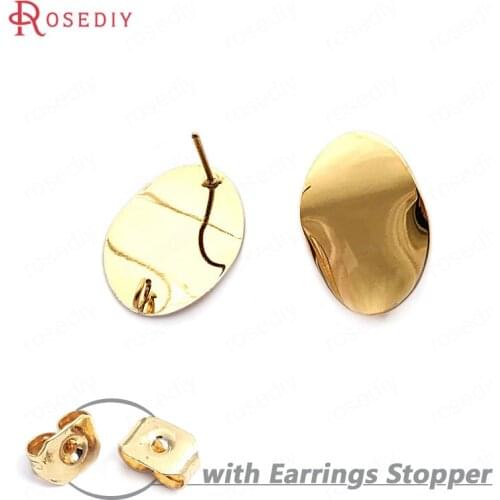 33750)10PCS 20*14.5MM 24K Gold Color Brass Glossy Wave Oval Stud Earrings Pins High Quality Diy Jewelry Findings Accessories