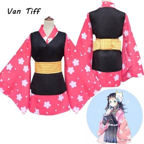 Anime Demon Slayer Kimetsu no Yaiba Cosplay Makomo Costume Kimono Uniform Wig Mask Full Set Women Girls Halloween Carnival Party
