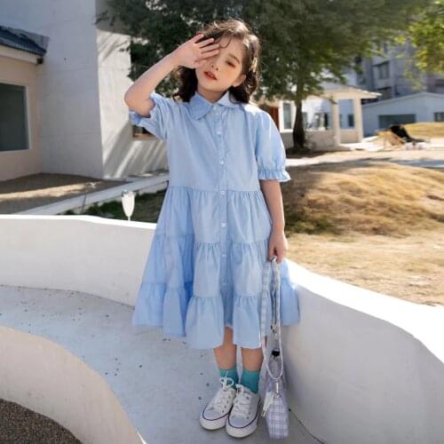 White Blue Girls Dresses Cute Chidlren Costume Summer Spring 2021 Little Girl Clothes Baby Kids Dress Short Sleeve Shirts Dress