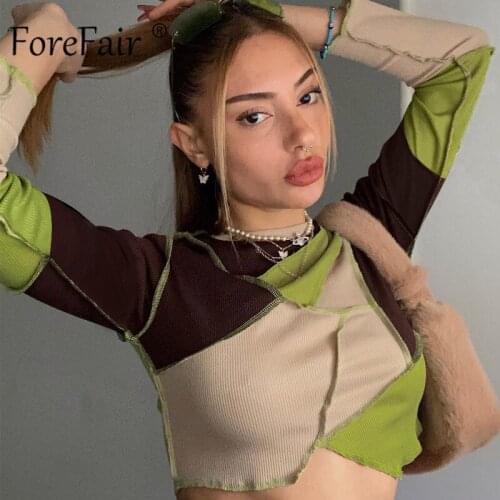 Forefair Patchwork Crop Top Long Sleeve Stitch O Neck Y2K Fashion Multicolor Sexy Cropped T Shirts Women