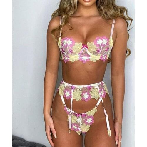 Colorful Floral Embroidery Lingerie Underwear 3 Pieces Set Sensual Lingerie Woman Lace Lingerie Garters Bra and Thong Set