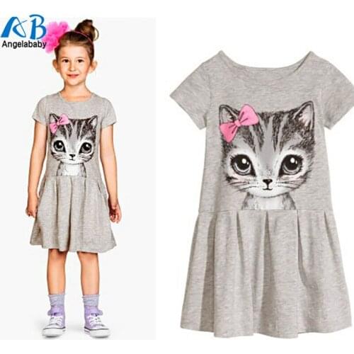 New Arrival summer girl dress cat print grey baby girl dress children clothing children dress 2-10years