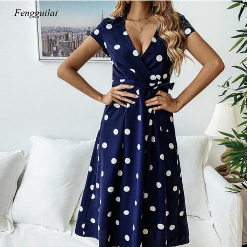 Summer Womens Dress Fashion Print Polka Dot Long Sexy V-Neck Elegant Party Dress White Women