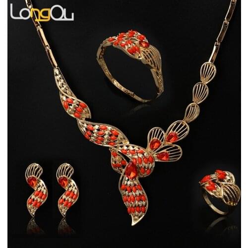 Hot Sales Nigerian Wedding African Beads Jewelry Sets Dubai Gold-color Jewelry Sets Costume Romantic Long Design