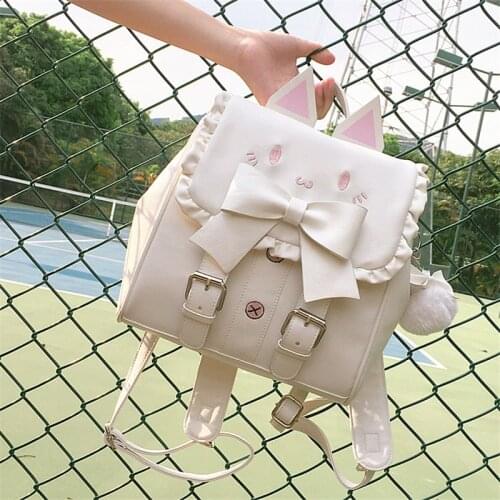 Lolita Cute Cat Backpack School Women Pu Leather Backpacks Teenage Girls Bow Ears Shoulder Bags Female Pink White