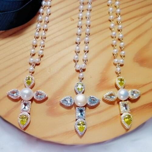 Fashion Women Real 925 Sterling Silver 3 Gold Colors Yellow Cross Pendant Necklace Adjustable Pearl Chain Cubic Zirconia