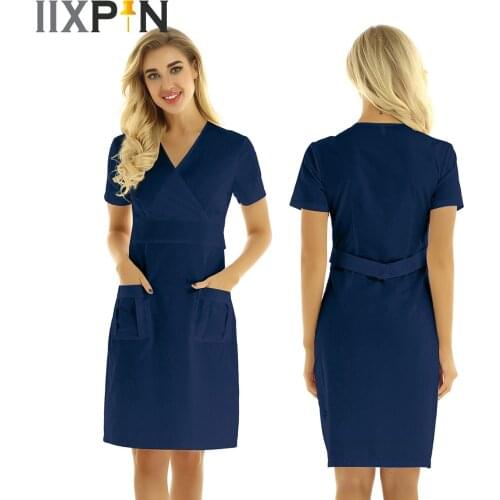 Women Adults Nursing Uniform V-neck Short Sleeves Mock Wrap Beauty Salon Dress Hospital Nurse Scrub Lab Coat Uniform Dress