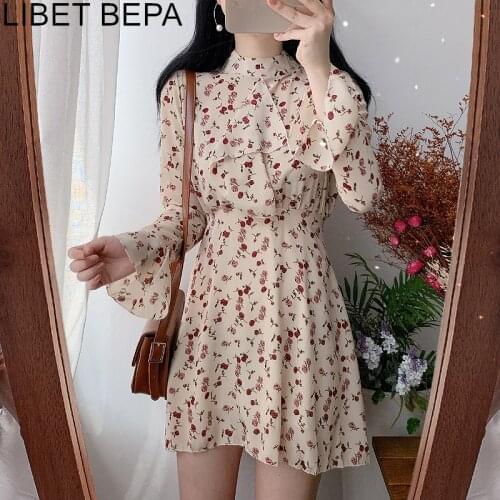 2021 New Women Summer Dresses Casual Stand Collar Chiffon Print Floral High Waist Pagoda Sleeve Lace Up Sweet Mini Dress DR5005