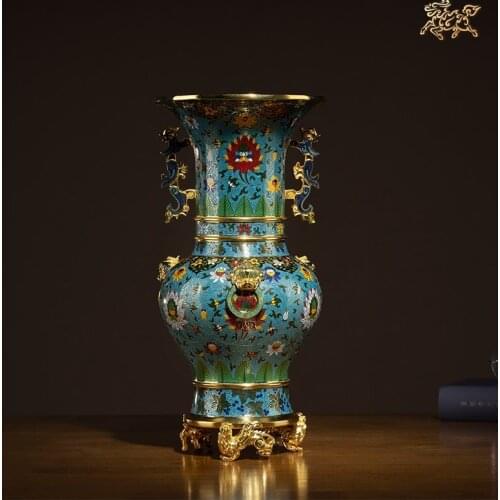 13.8" China Pure Bronze cloisonne 24K Gold Double Dragon Bottle Vase Pot Jar Decoration Home Gift