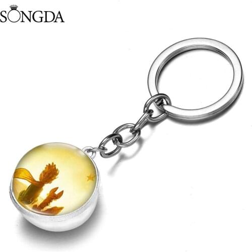 Le Petit Prince Keychain Gift For Children The Little Price Fox Rose Planet Pattern Glass Ball Pendant Keychain