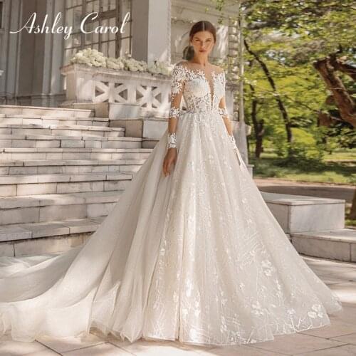 Ashley Carol A-Line Wedding Dress 2021 Sparkling Beaded Appliques Long Sleeve Bride Lace Princess Detachable Train Bridal Gowns
