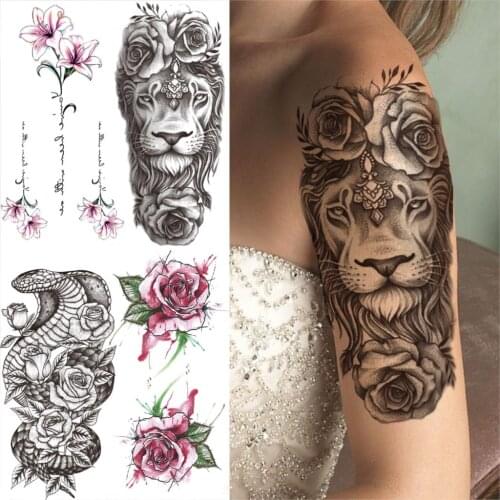 Sexy Lion Half Sleeve Temporary Tattoos For Women Men Adult Rose Lily Snake Flower Fake Tattoo Sticker Disposable DIY Tatoos