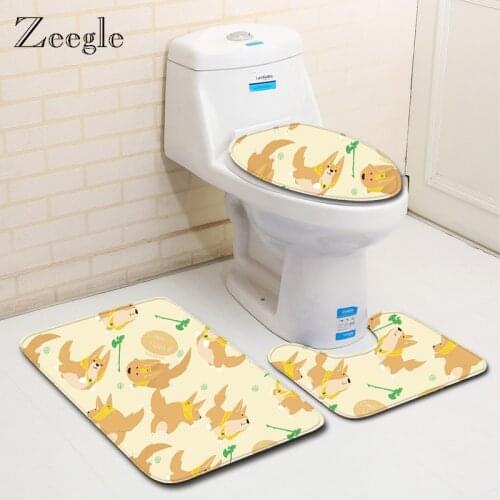 Zeegle Cartoon Pattern Bathroom Mat Set Non-slip Bathroom Carpet Floor Rugs Cushion Toilet Seat Cover Toilet Bath Mat