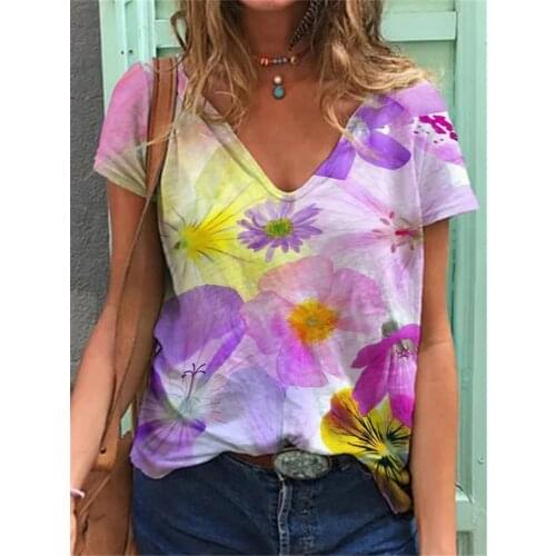 2021 New Women V Neck Short Sleeve T Shirt Summer Casual Loose Ladies Tees Fashion Printing Soft T Shirt Plus Size Street Tops