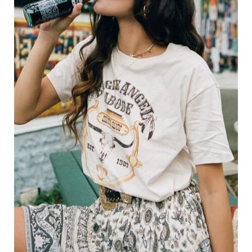 Happie Queens Women vintage printed boho tops t-shirt ladies short sleeve kahaki cotton bohemian Tees