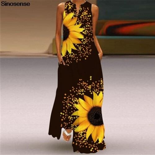 Women Sunflower Print Dress Elegant Long Evening Party Dresses Office Lady Casual Loose Chiffon Shirt Dress Beach Summer Clothes