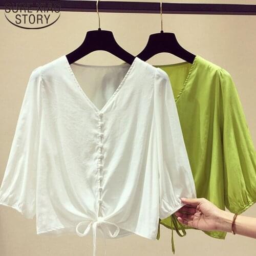 New Fashion Women Blouse Casual Women Tops Summer Short Sleeve Green and White Chiffon V-neck Women Clothing 5391 50