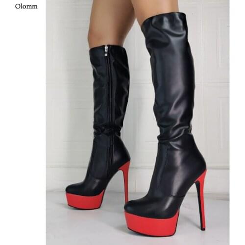 Olomm Women Winter Knee High Boots Sexy Thin High Heels Round Toe Gorgeous Black Night Club Wear Shoes Women Plus US Size 5-20