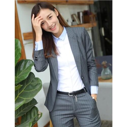 Female Elegant Formal Office Work Wear Black Grey Blazer Women Pant Suits Ladies 2 Pieces Sets Office Uniform Designs New Styles