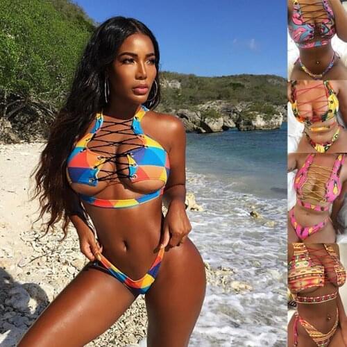 2021 Bikinis Set Low Waist Bandage Fruits Lips Bohemian Swimsuits Hollow out Sexy High Leg Thong V Women Swimwear Banting Suit