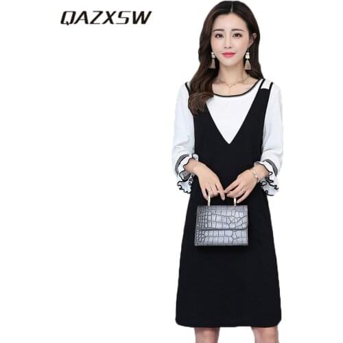 QAZXSW 2019 Plus Size Dresses For Women 5XL Spring Autumn Knitted Dresses Women Two Pieces Set Sweater Dresses Robe Hiver HB536